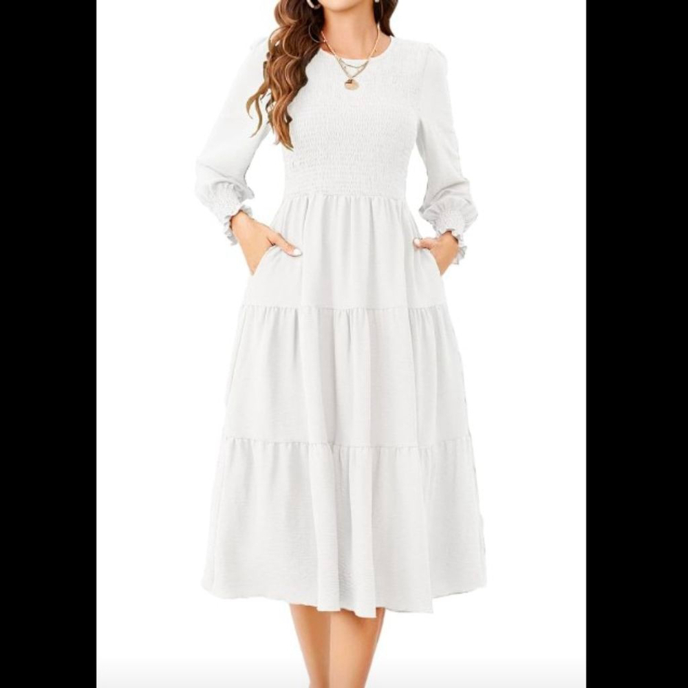 New White Long Sleeve Smocked Tiered Midi Dress Prairie Cottagcore Milkmaid